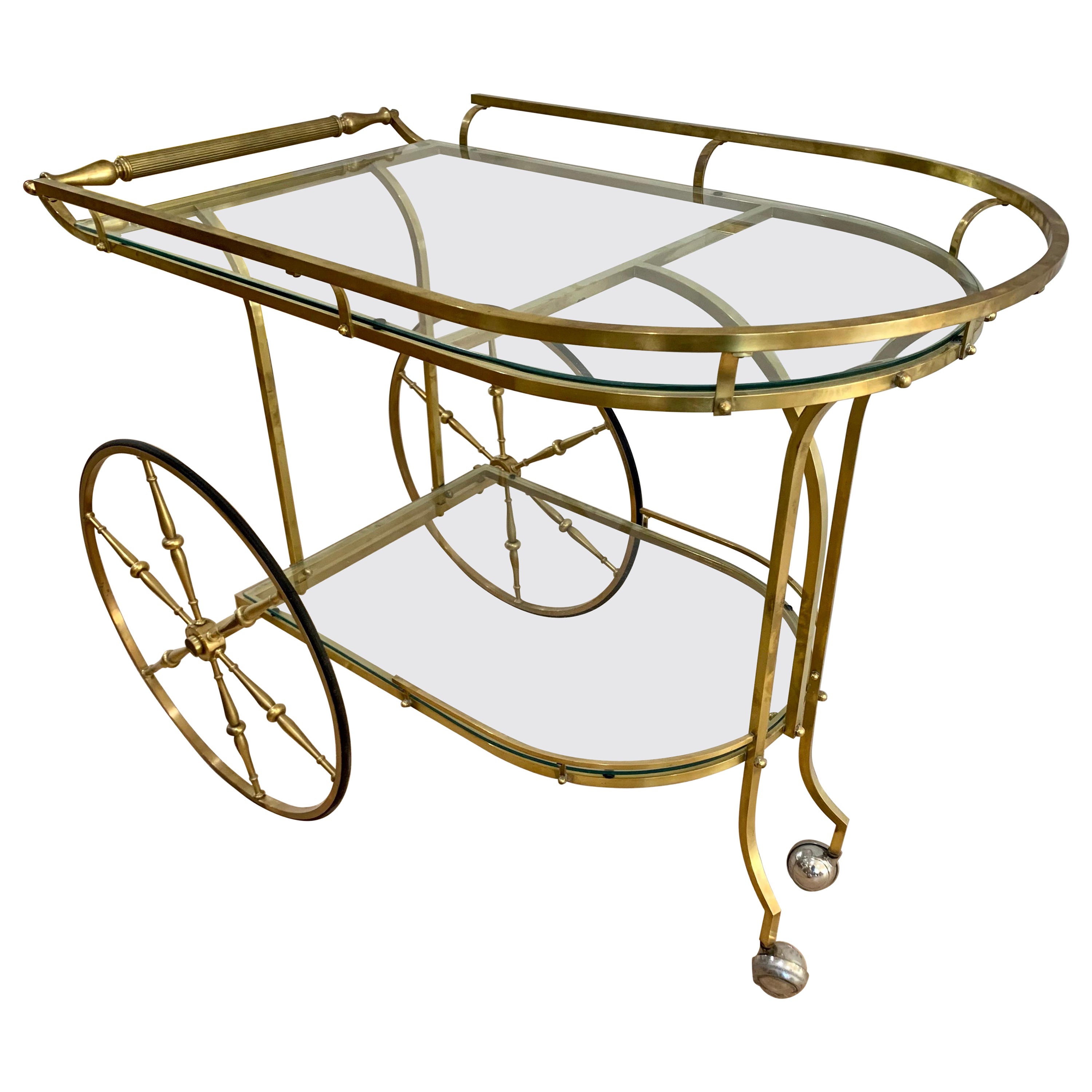 Mid-Century Modern Sleek Rolling Brass and Glass Two-Tier Bar Cart Barcart