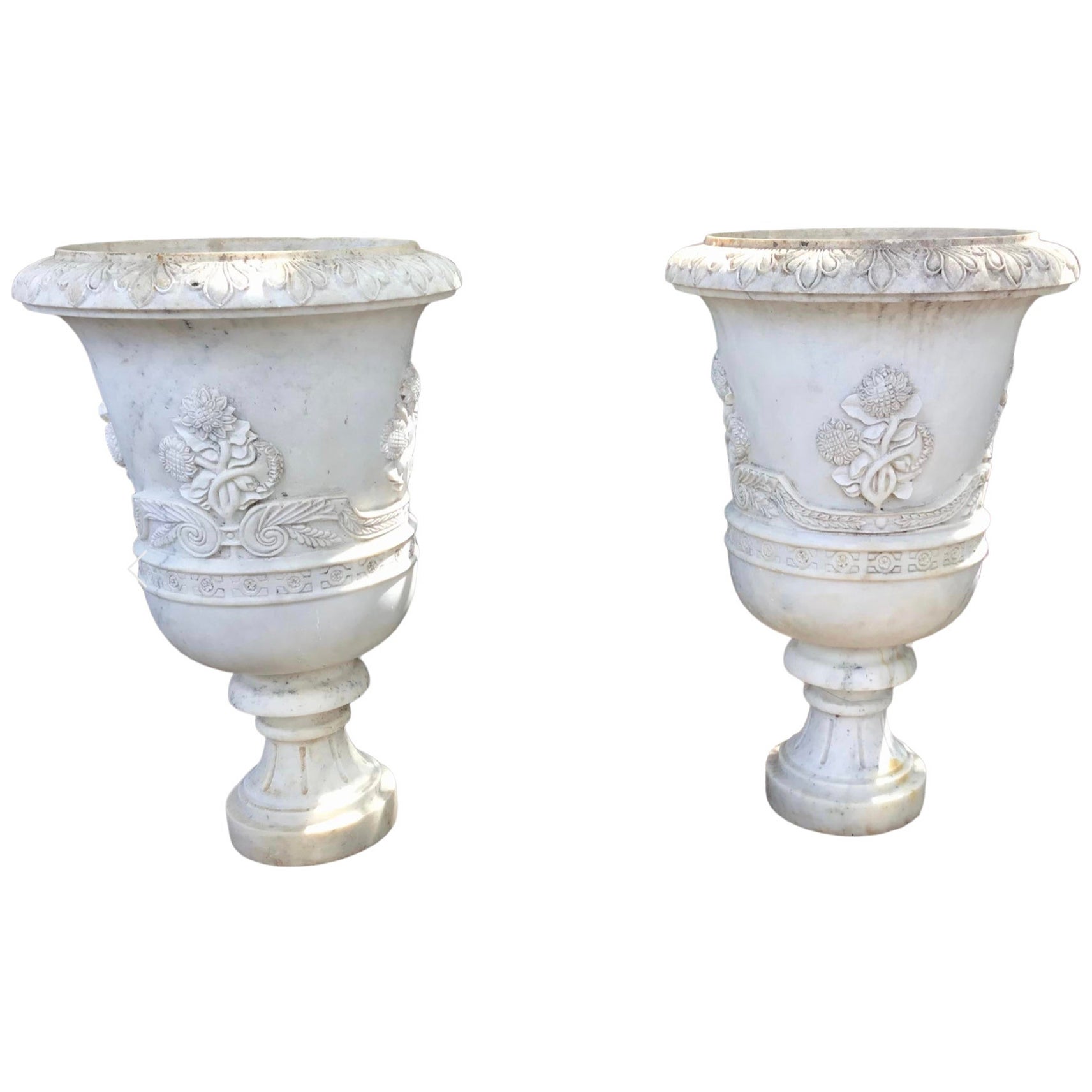 Very Fine Large 19th Century Carved Marble Urns, a Pair For Sale
