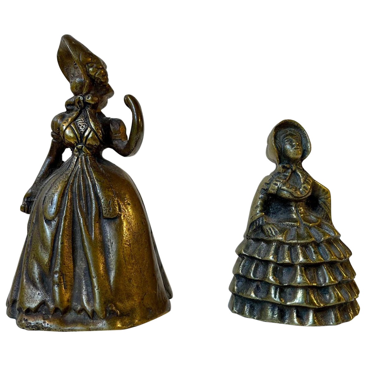 Antique Victorian Brass Bells in Shape of Ladies, 19th Century, Set of 2