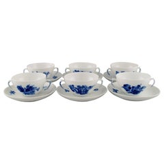 Six Royal Copenhagen Blue Flower Braided Bouillon Cups with Saucers