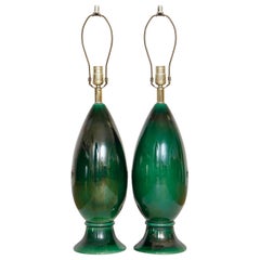 Green Glazed Ceramic Table Lamps, a Pair