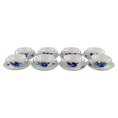 Eight Royal Copenhagen Blue Flower Braided Bouillon Cups with Saucers