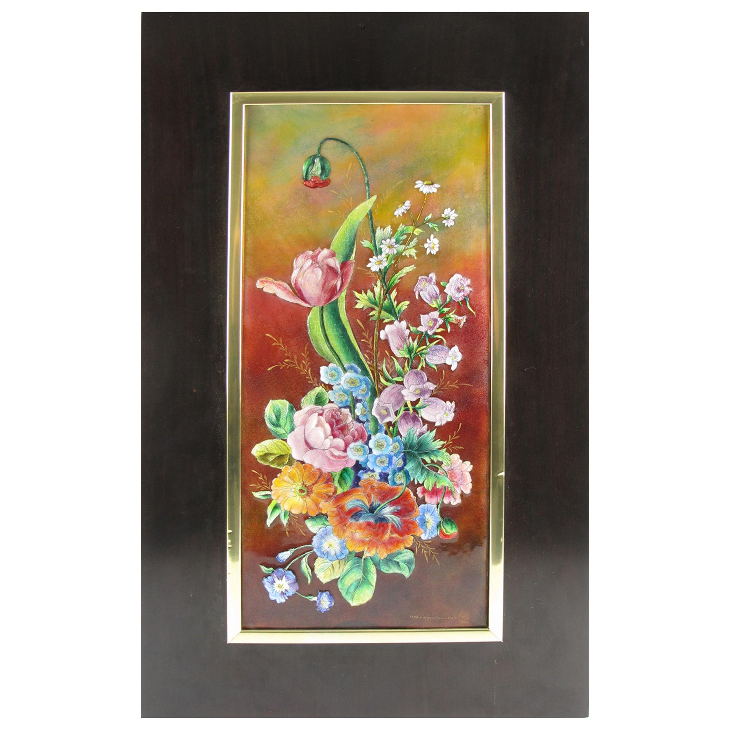 Camille Faure Limoges Framed Floral Enamel Wall-Mounted Plaque