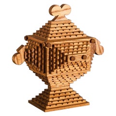 Hand Carved Wood Tramp Folk Art Lidded Pedestal Box 