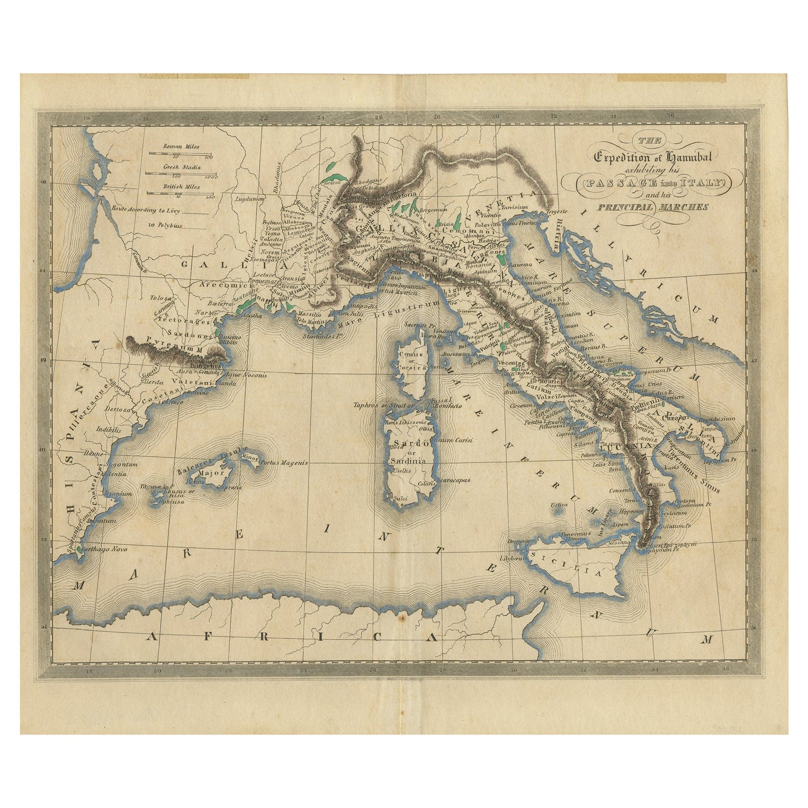 Antique Map of Hannibal's Expeditions in Italy, c.1830