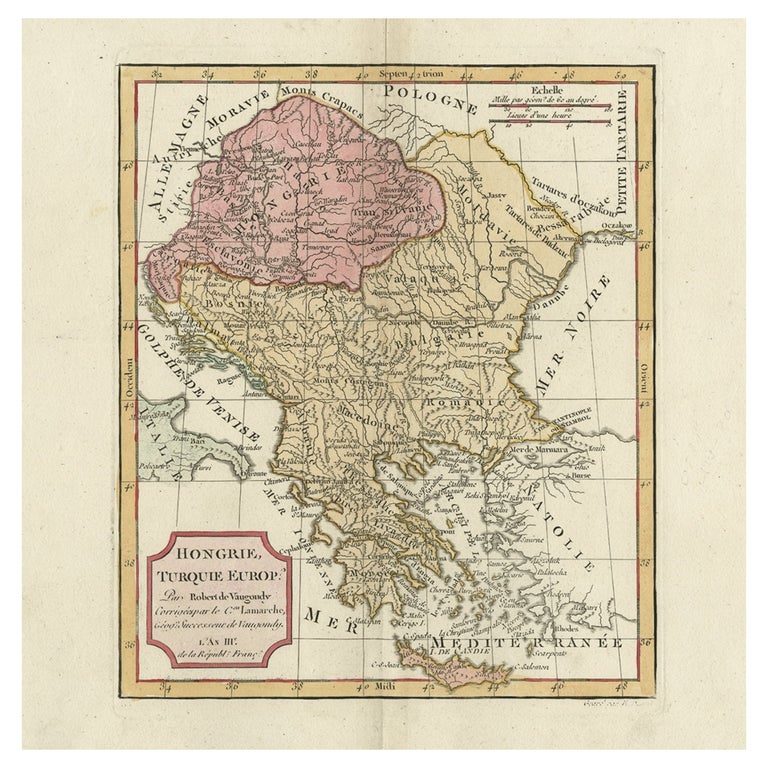 Old Engraved Map of Hungary, European Balkan Countries, Greece and Crete, 1806 For Sale