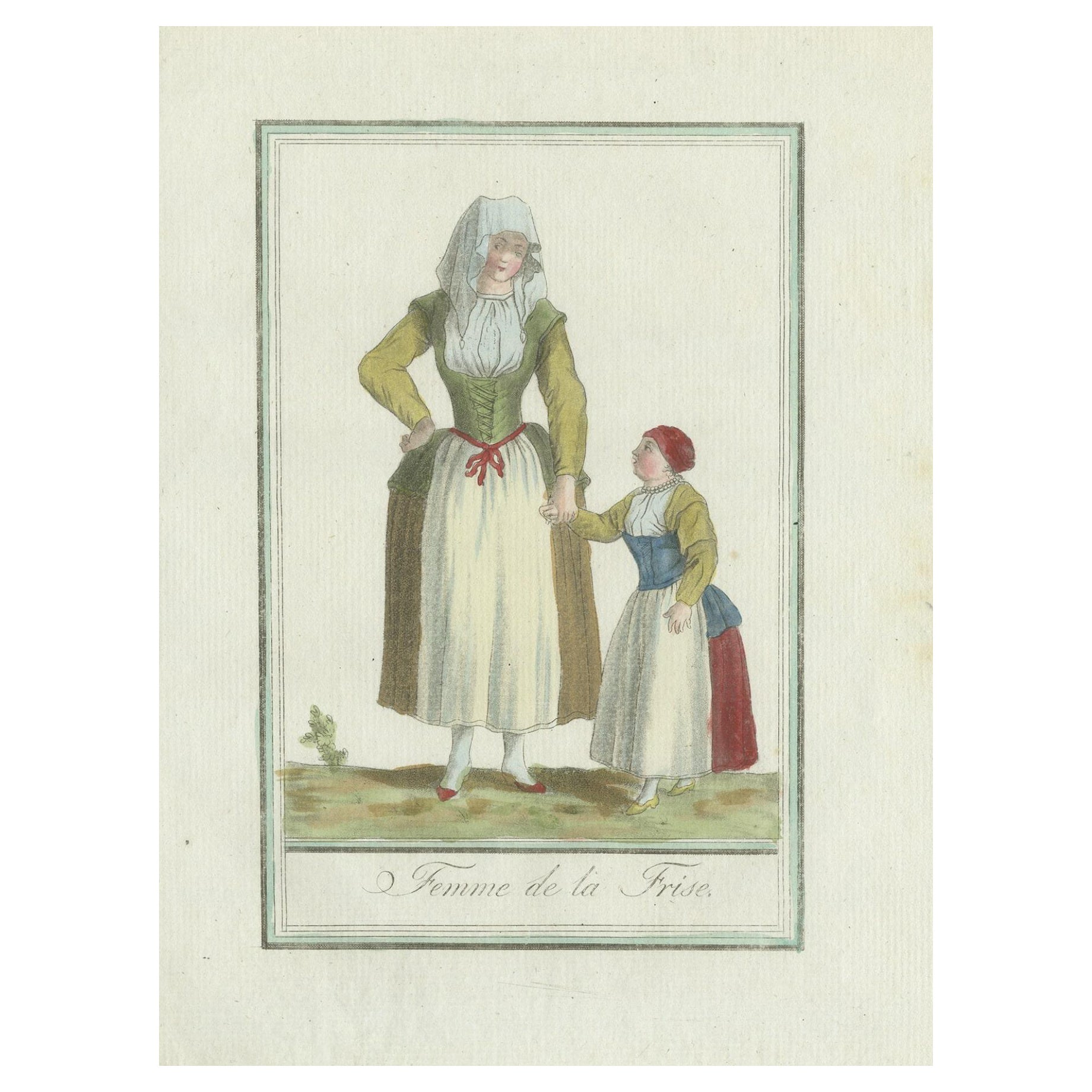 Antiker Kostümdruck der Provinz Friesland in den Niederlanden, um 1797