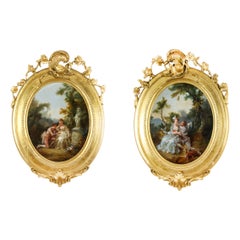 Antique French Pair Oval Romantic Paintings, 18th Century