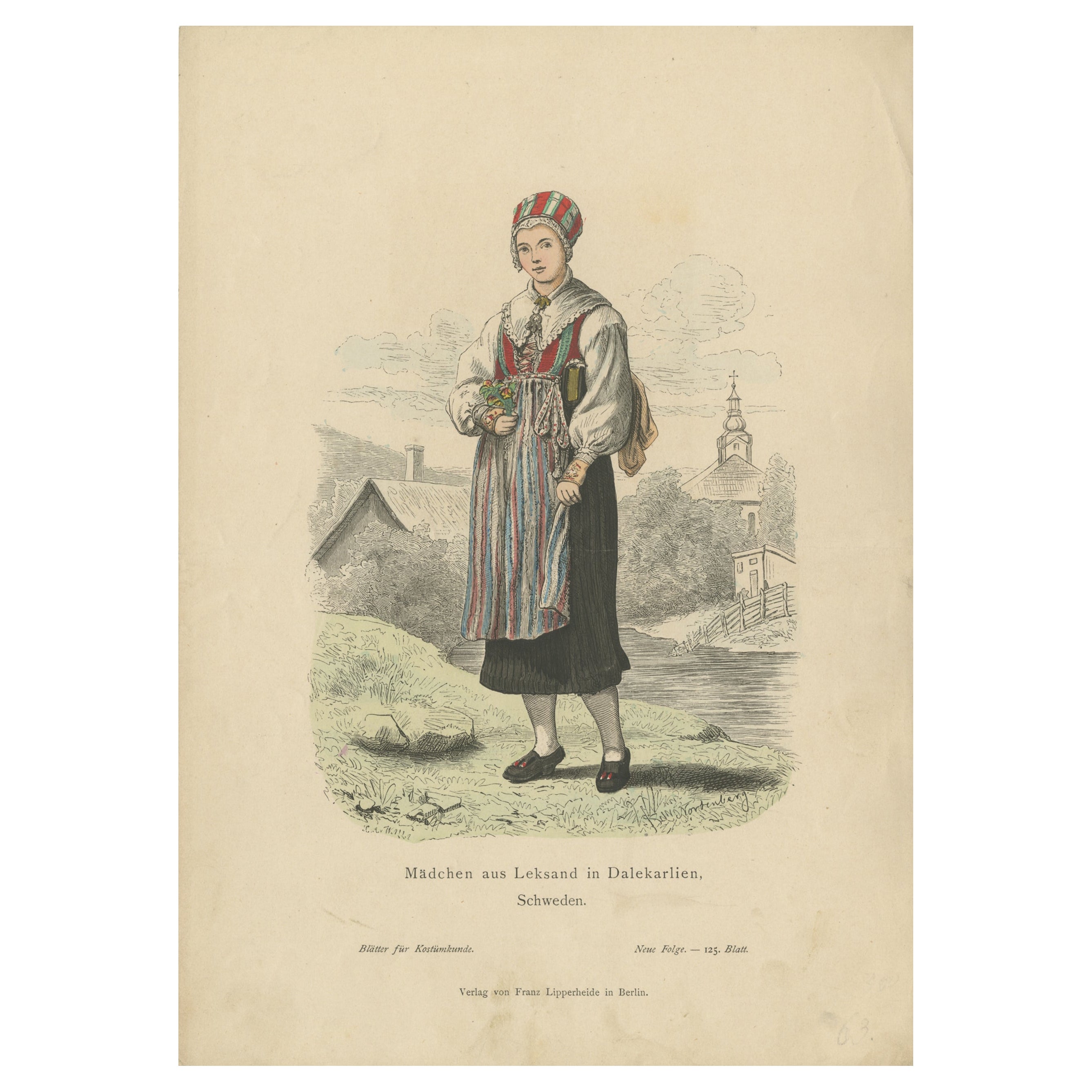 Antique Costume Print of a Girl from Leksand in Sweden, c.1880 For Sale