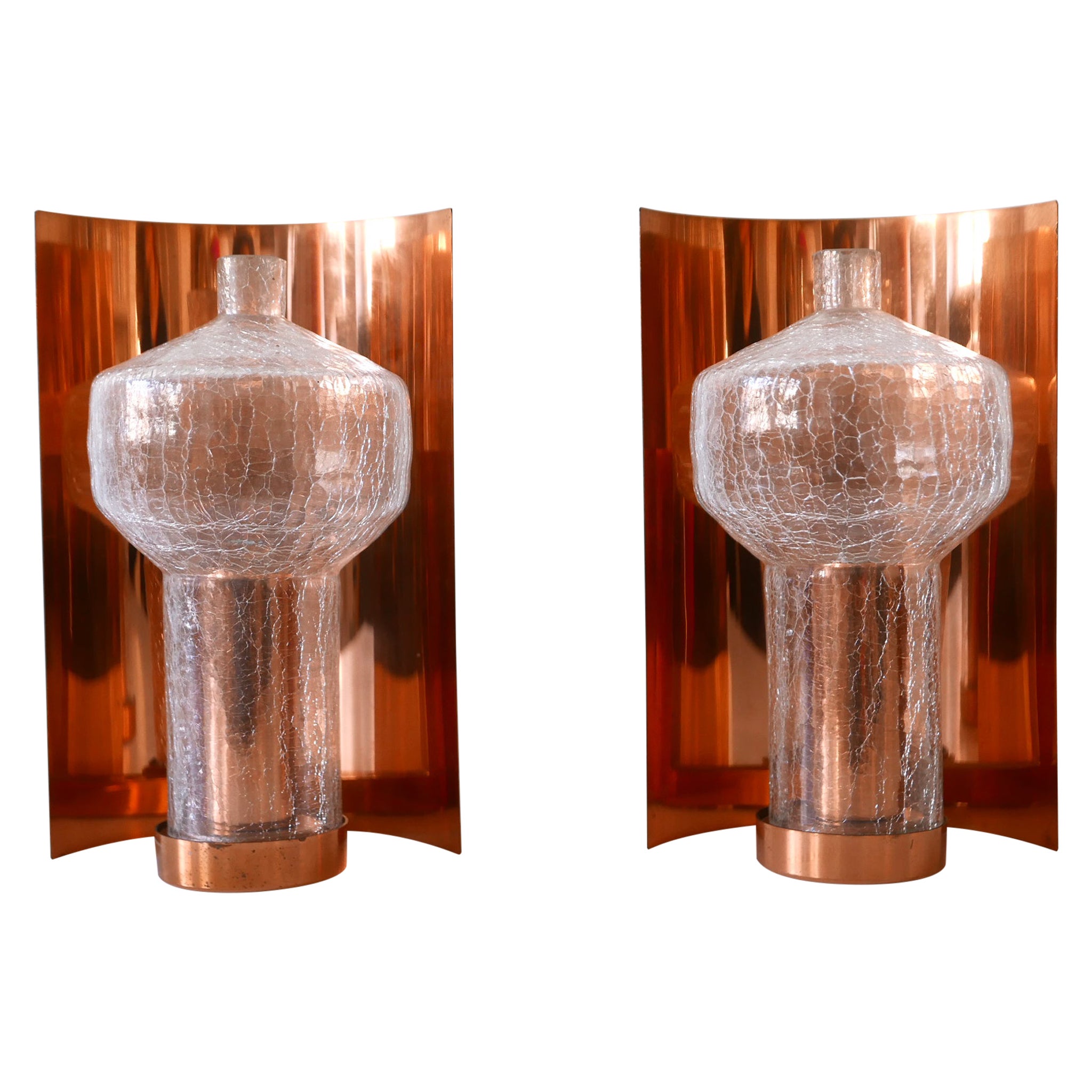 Set of Two Mid-Century Modern Copper & Glass Sconces by Kaiser Leuchten, 1960s For Sale