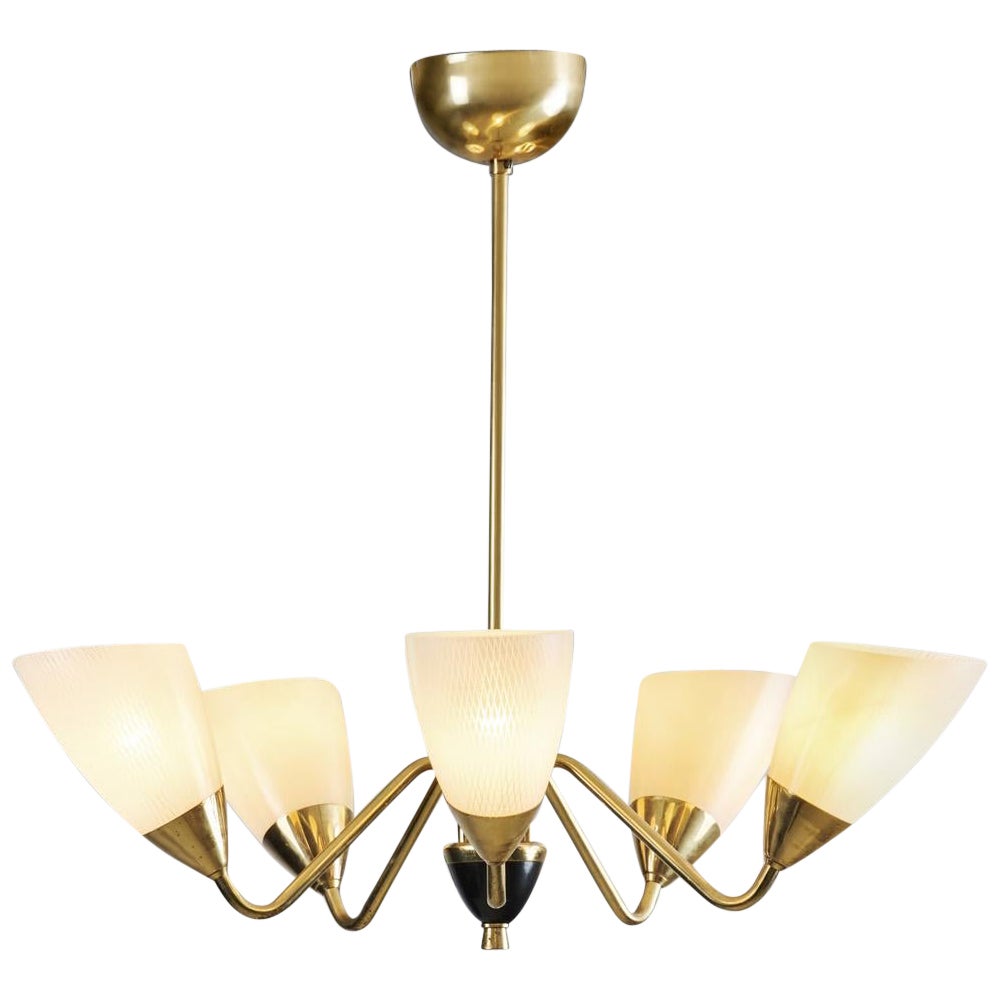 Swedish Five-Arm Brass and Glass Chandelier, Sweden, ca 1950s