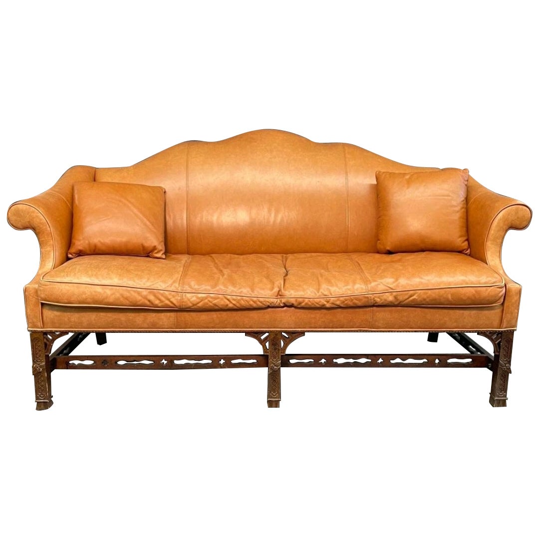 Chippendale Style Camel Back Leather Sofa