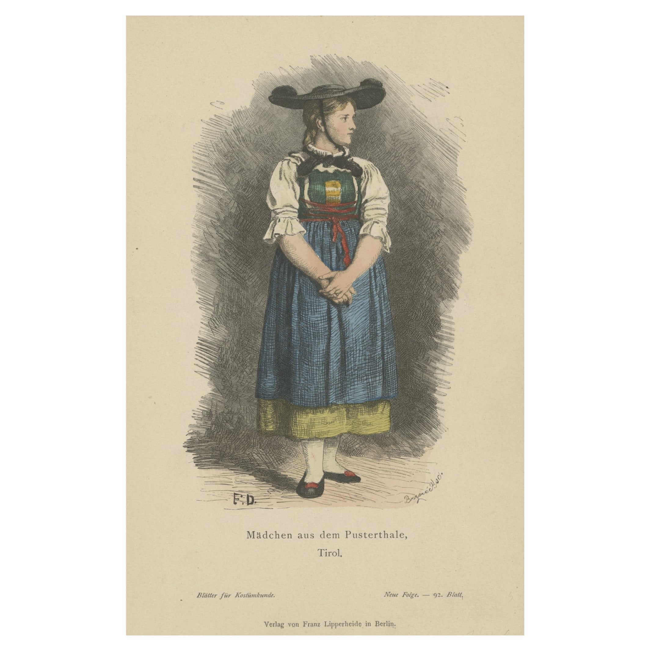 Antique Costume Print of a Girl from Val Pusteria, South Tirol, Italy, c.1880 For Sale
