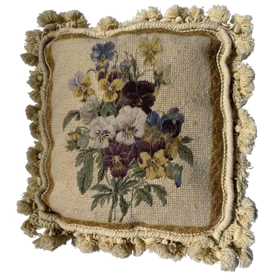 Ivory French Provincial Square Needlepoint Pillow with Petite Tassels