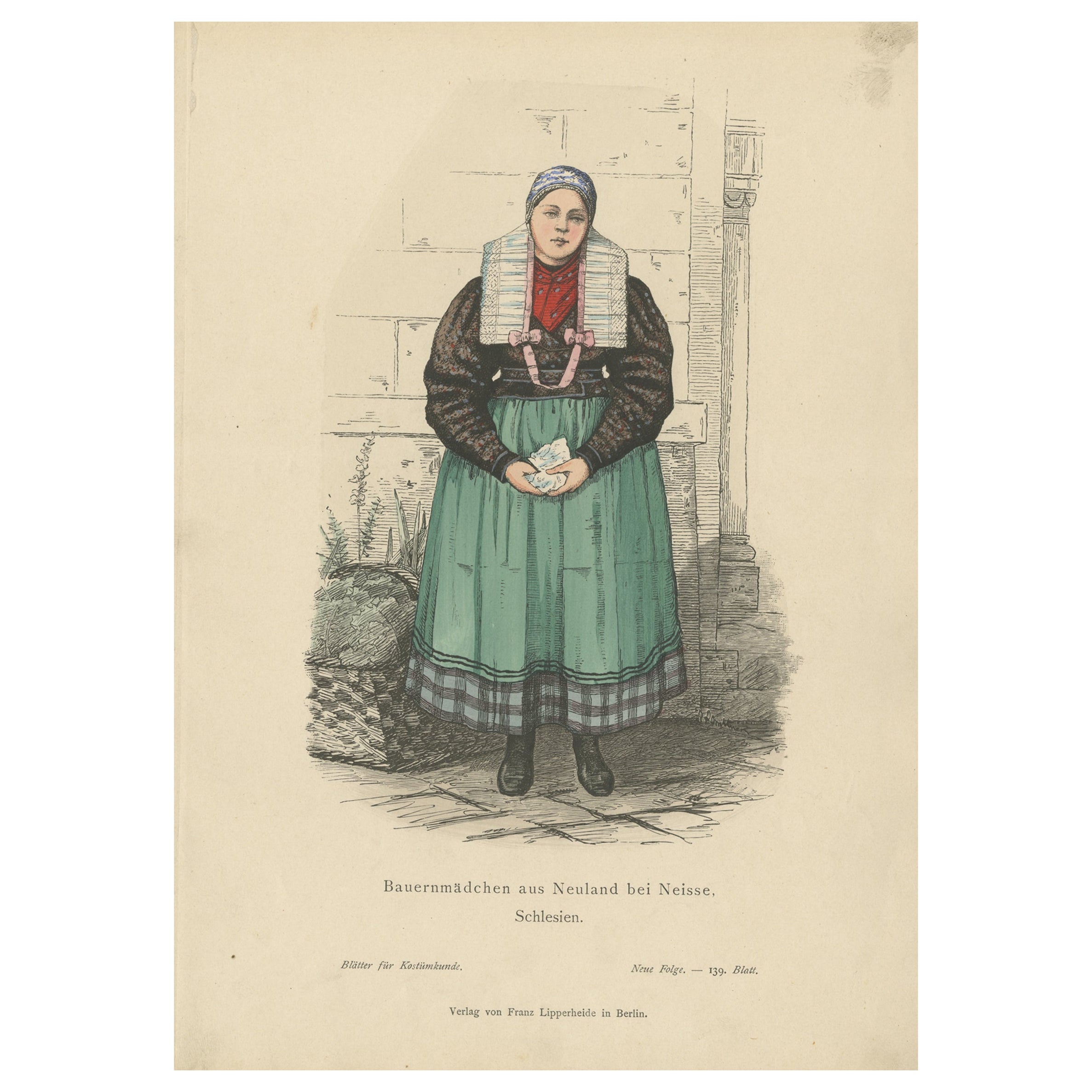 Antique Costume Print of a German Peasant Girl from Neuland Near Hamburg, c.1880 For Sale