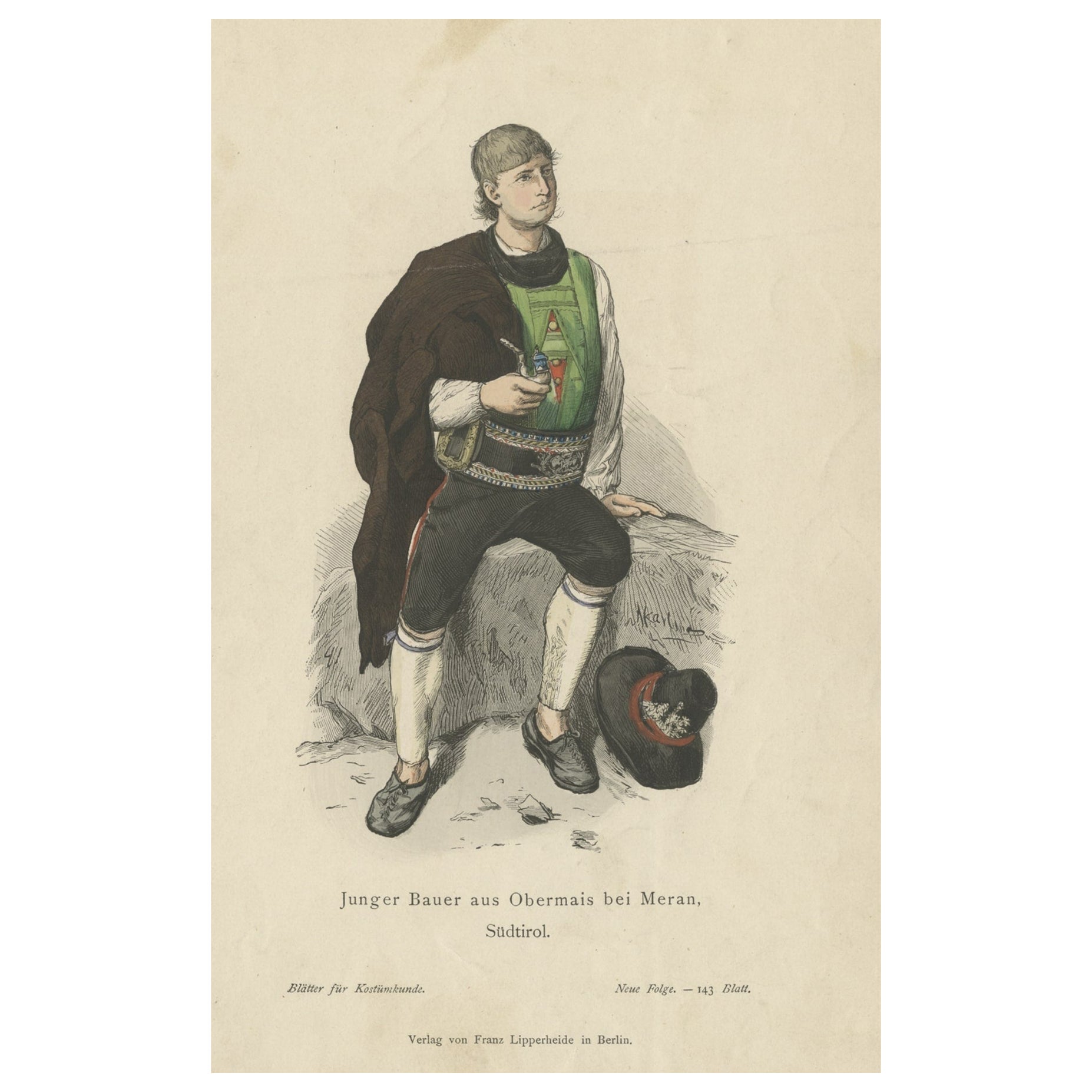Antique Costume Print of a Young Farmer from the Region of Obermais, South Tyrol For Sale