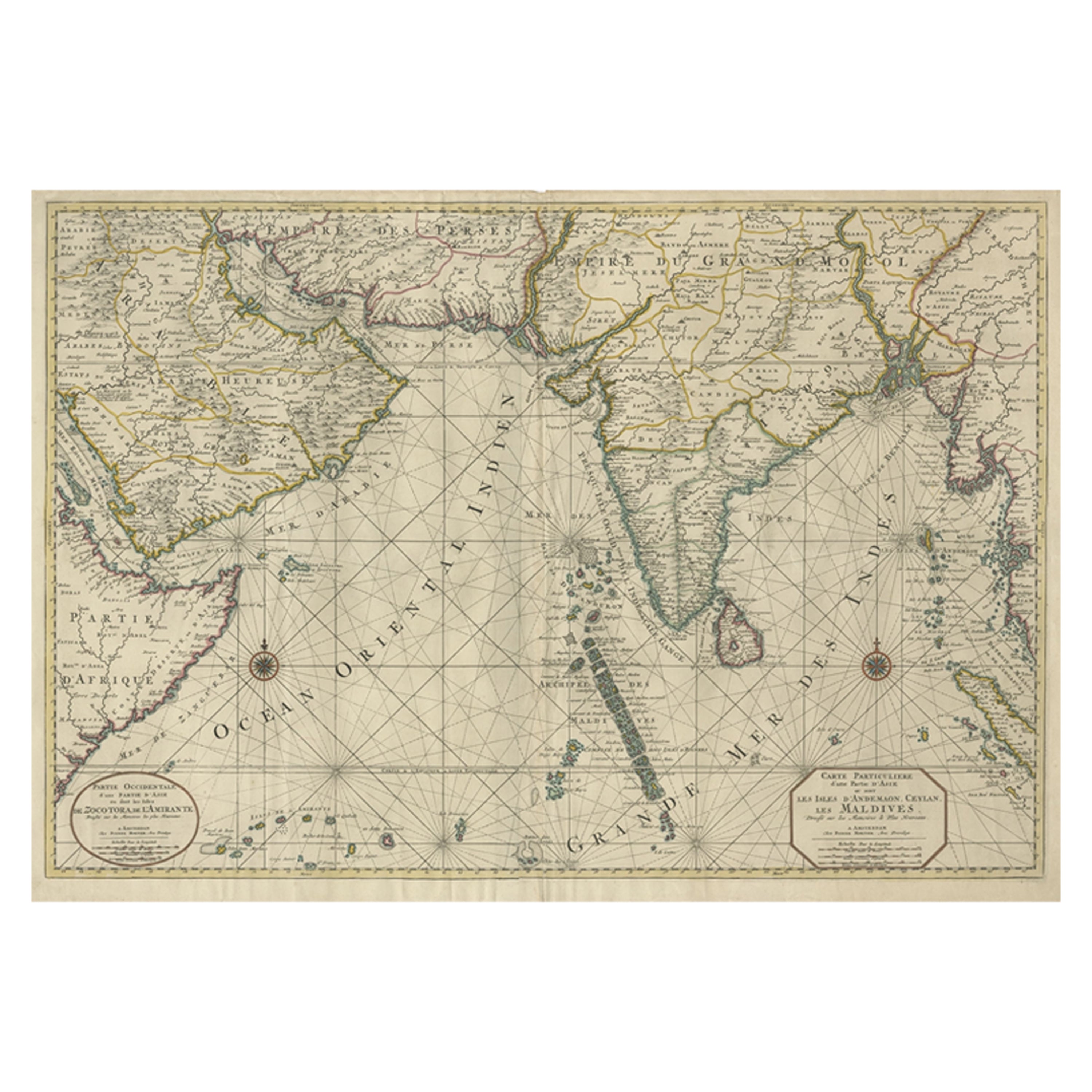 Carte ancienne d'Asie du Sud avec l'Inde, les Maldives, le Ceylan et l'Arabie, c.1700 en vente