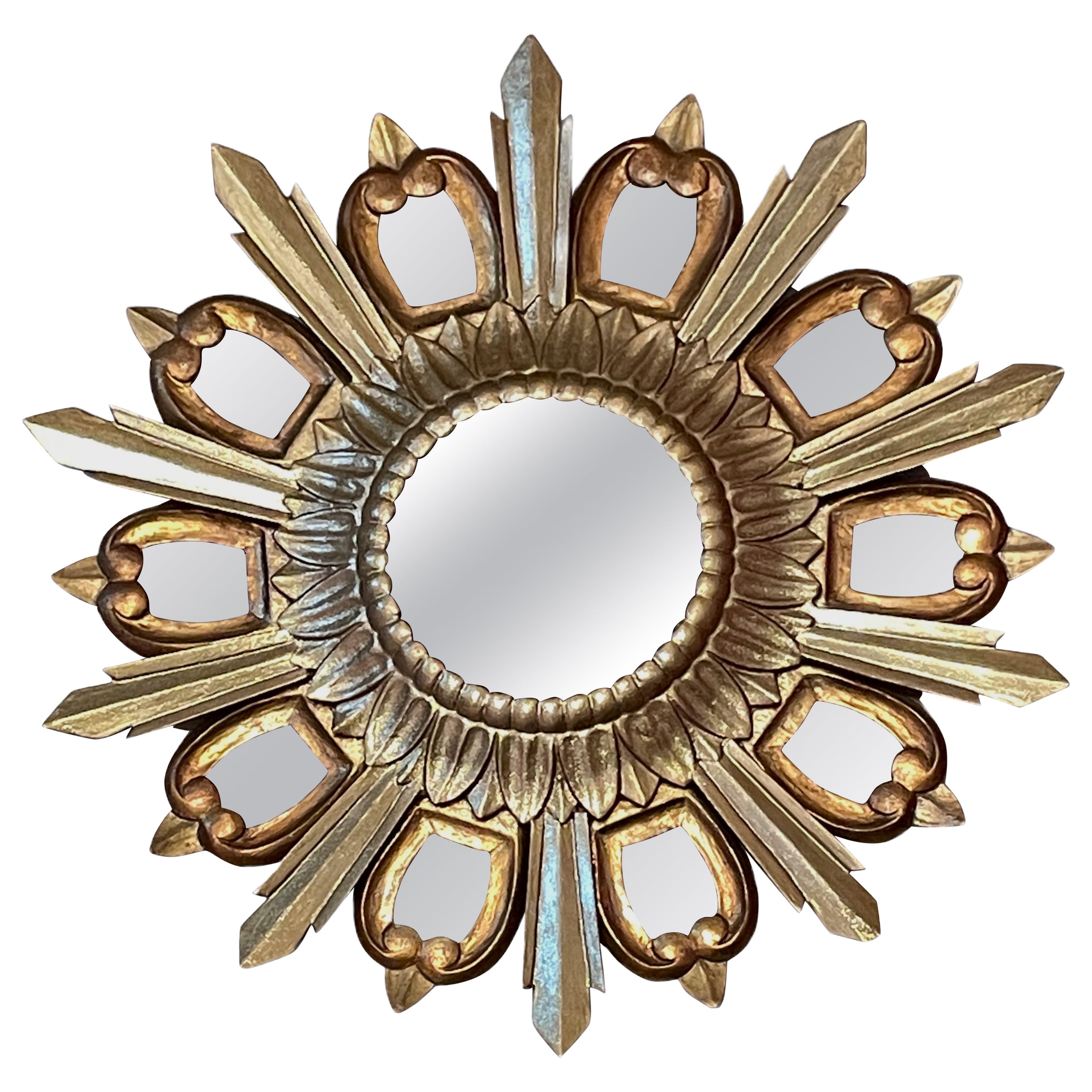 Sunburst Starburst gilded wood Mirror, Italy, circa 1950s For Sale