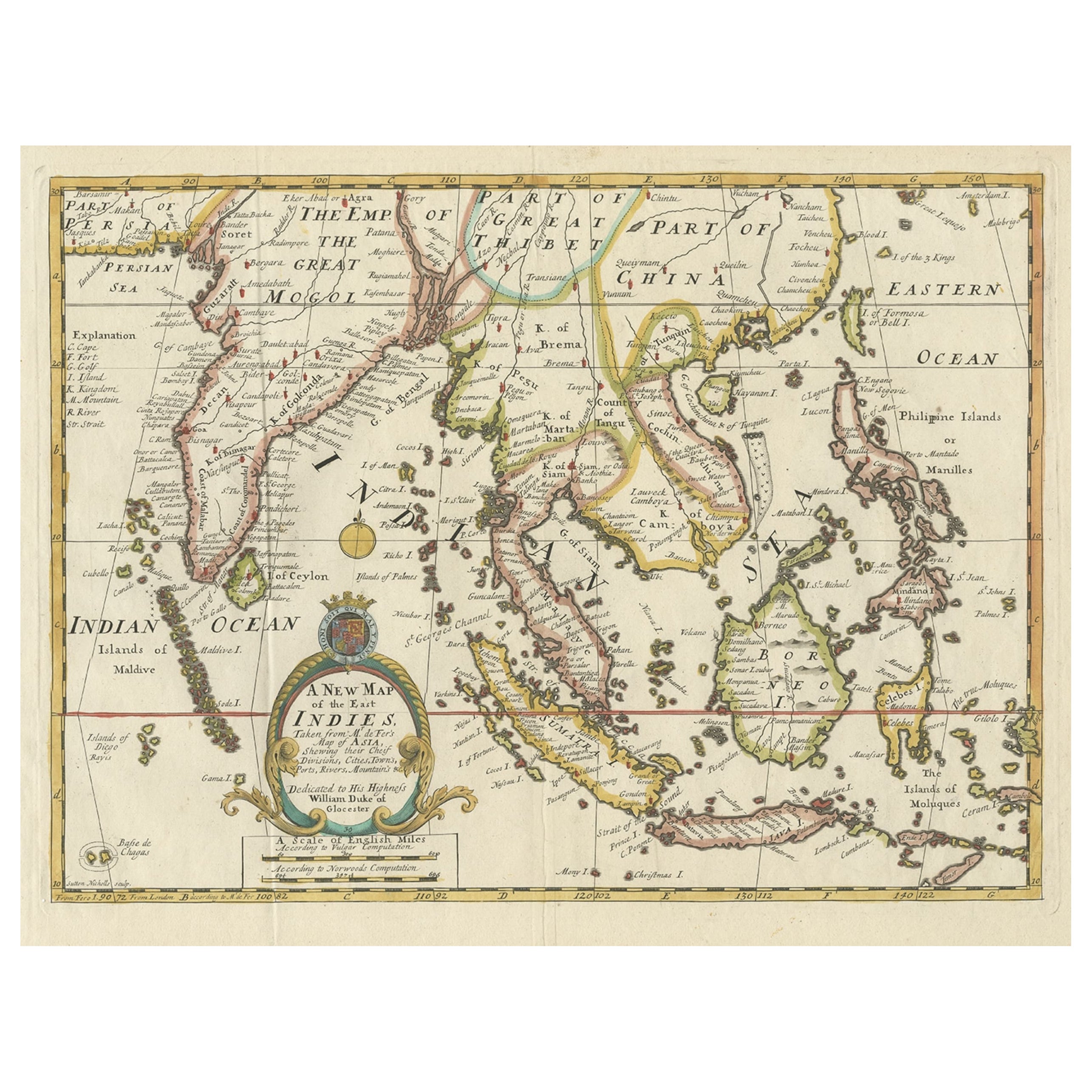 Carte ancienne couvrant toute l'Asie du Southeast Asia de la Perse à l'île de Timor, 1712