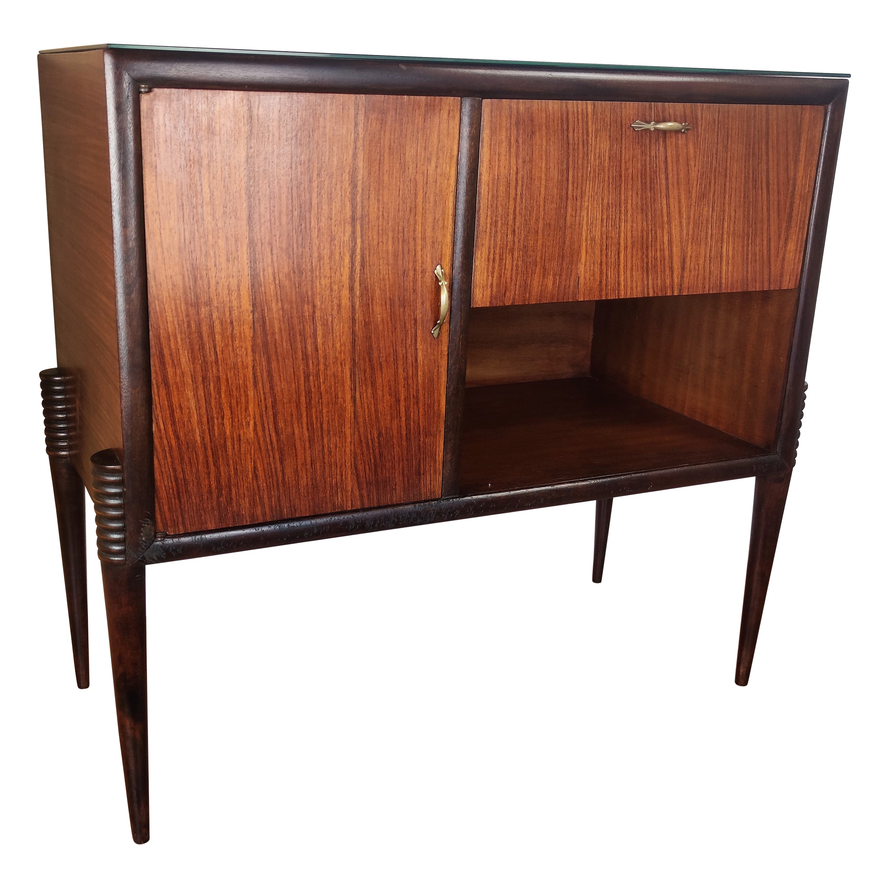 1960s Italian Mid-Century Modern Wood Brass and Glass Top Dry Bar Drinks Cabinet