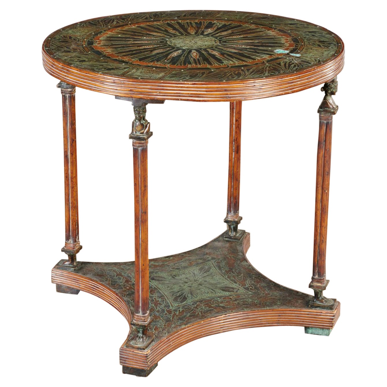 Table d'appoint de style néoclassique Maitland-Smith en cuivre, bois et bambou