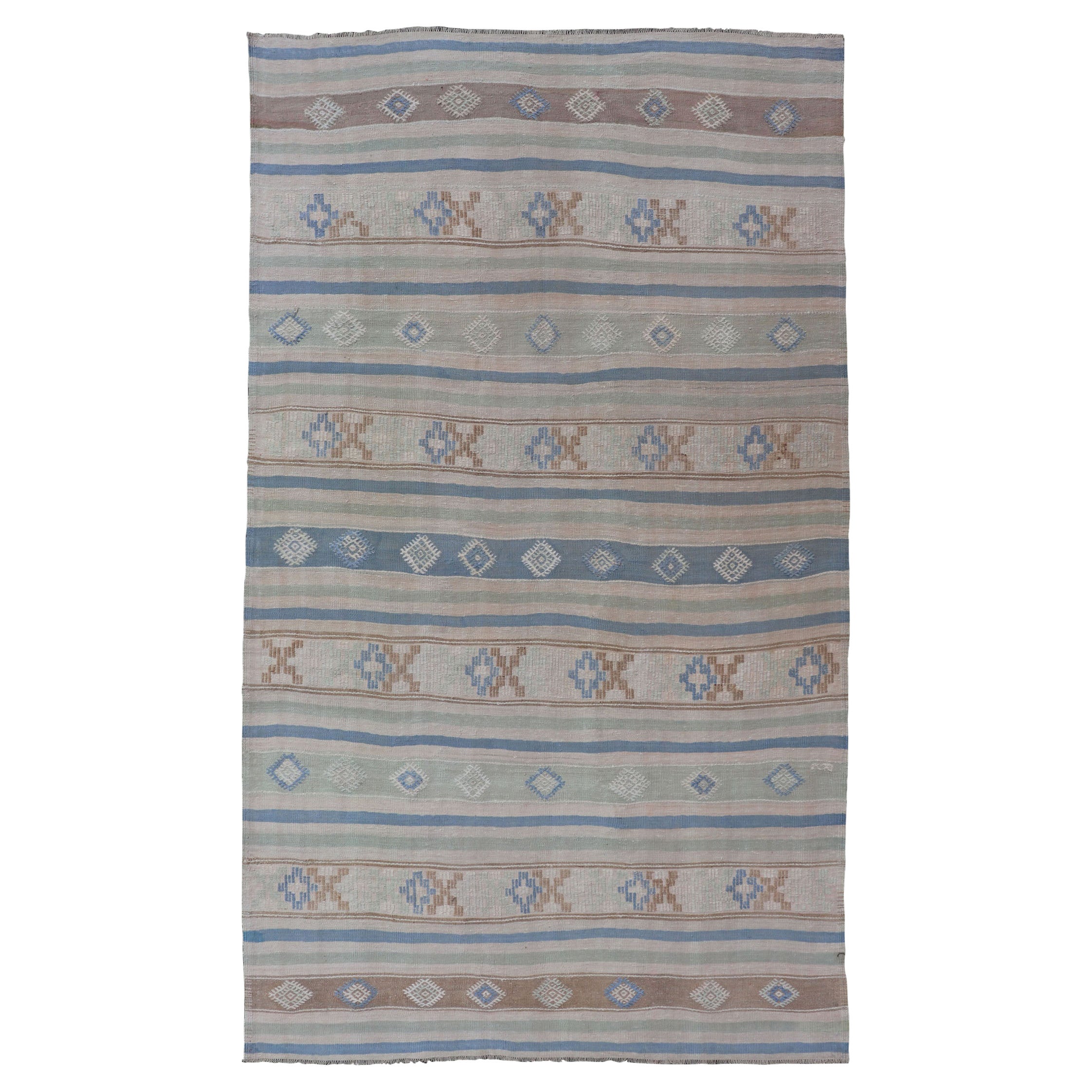 Vintage Turkish Flat-Weave Kilim with Embroideries in Blue, Brown, and Cream