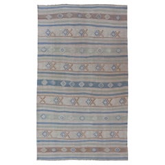 Vintage Turkish Flat-Weave Kilim with Embroideries in Blue, Brown, and Cream