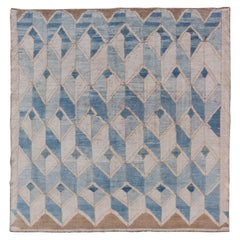 Quadratischer türkischer Oushak Kars-Teppich im Vintage-Stil mit blauen und hellbraunen Farben