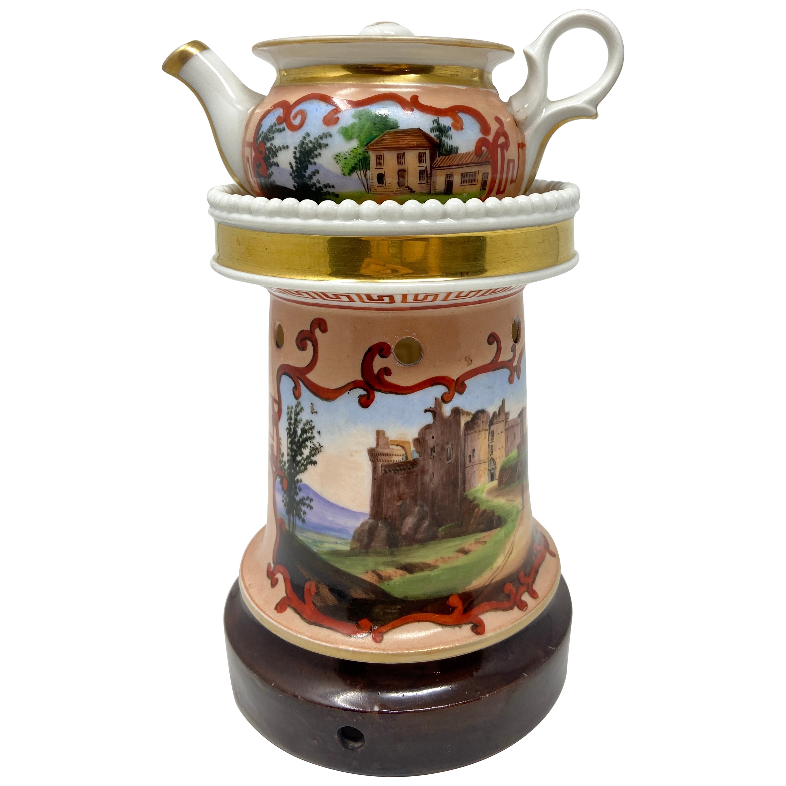Ancienne lampe de nuit en porcelaine française « Veilleuse » ou chaudron à thé, vers 1880-1890