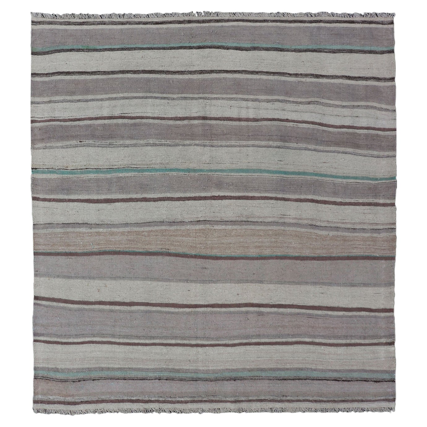 Square Turkish Vintage Flat-Weave in Brown, Lavender, and Cream Stripe Design For Sale