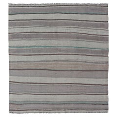 Square Turkish Vintage Flat-Weave in Brown, Lavender, and Cream Stripe Design