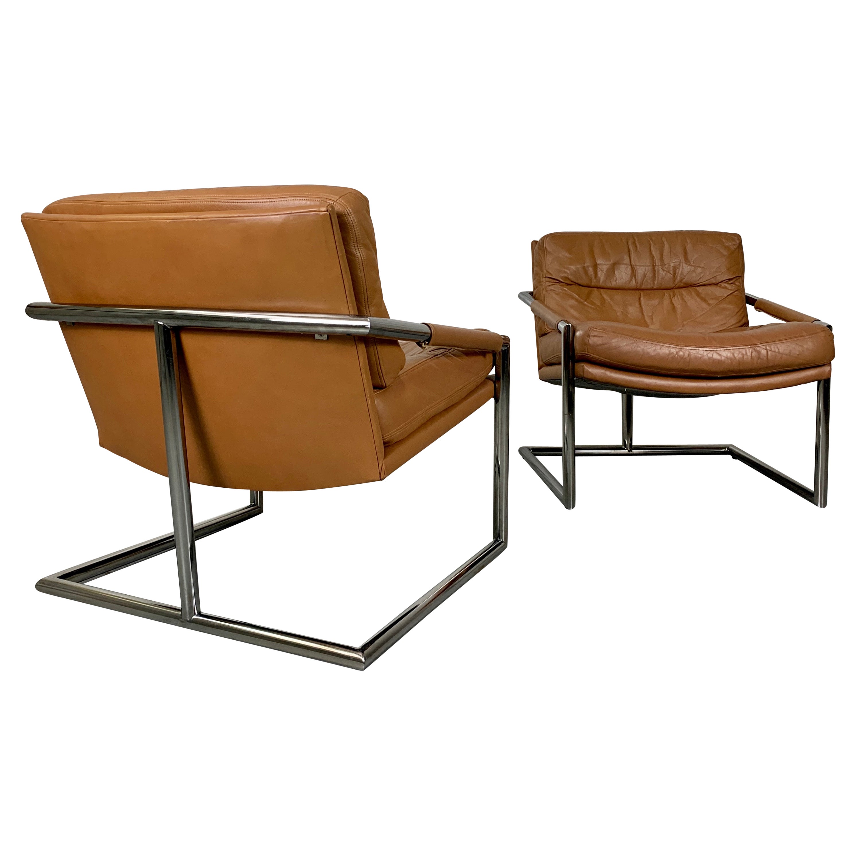 Milo Baughman Style Chrome & Leather Lounge Chairs