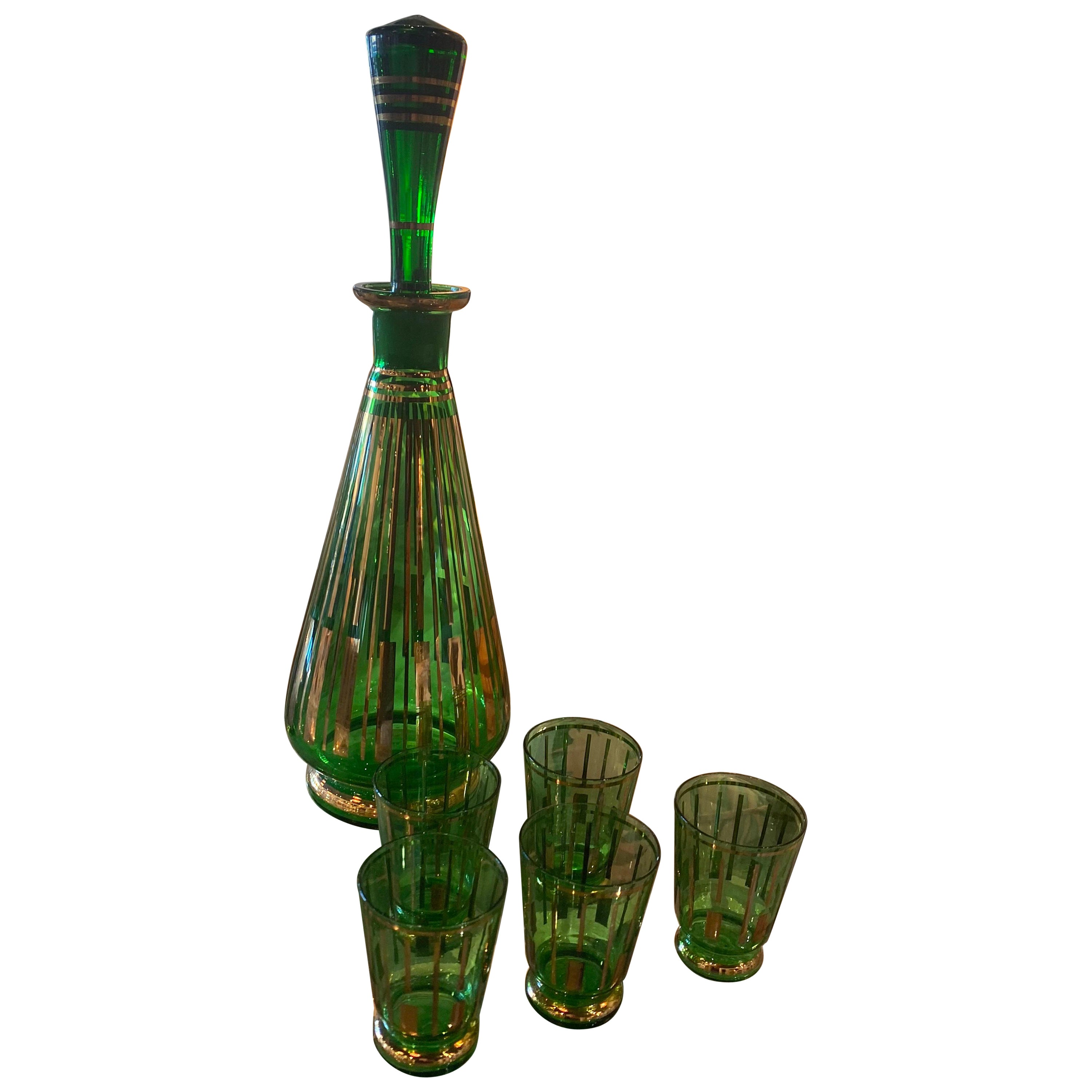 Vintage Green Glass Decanter with Stopper & 5 Shot Drinking Glasses