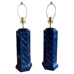 Vintage Pair of Navy Blue & Brass Ceramic Faux Bamboo Table Lamps Newly Wired
