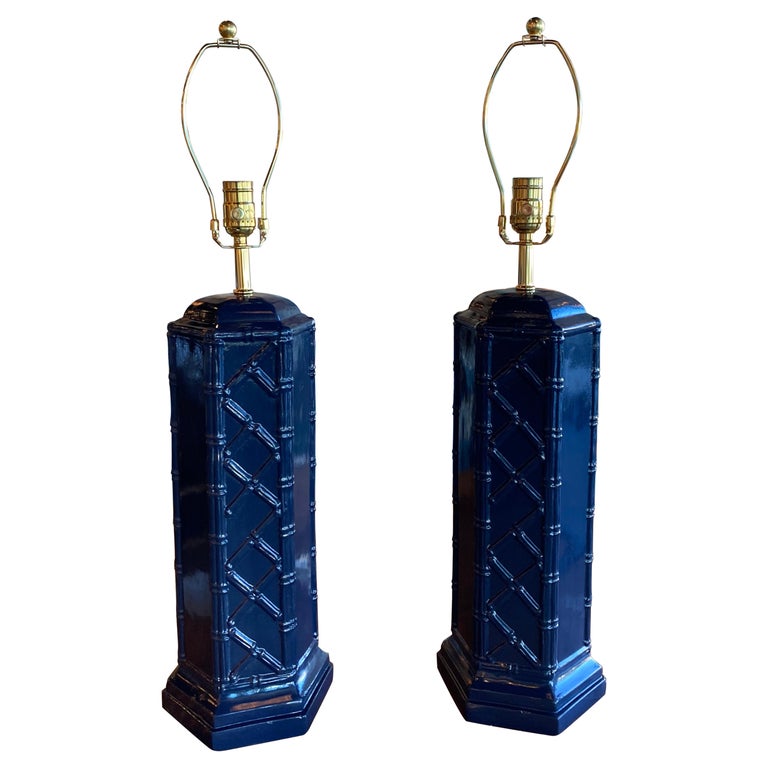 Vintage Pair of Navy Blue & Brass Ceramic Faux Bamboo Table Lamps Newly Wired For Sale