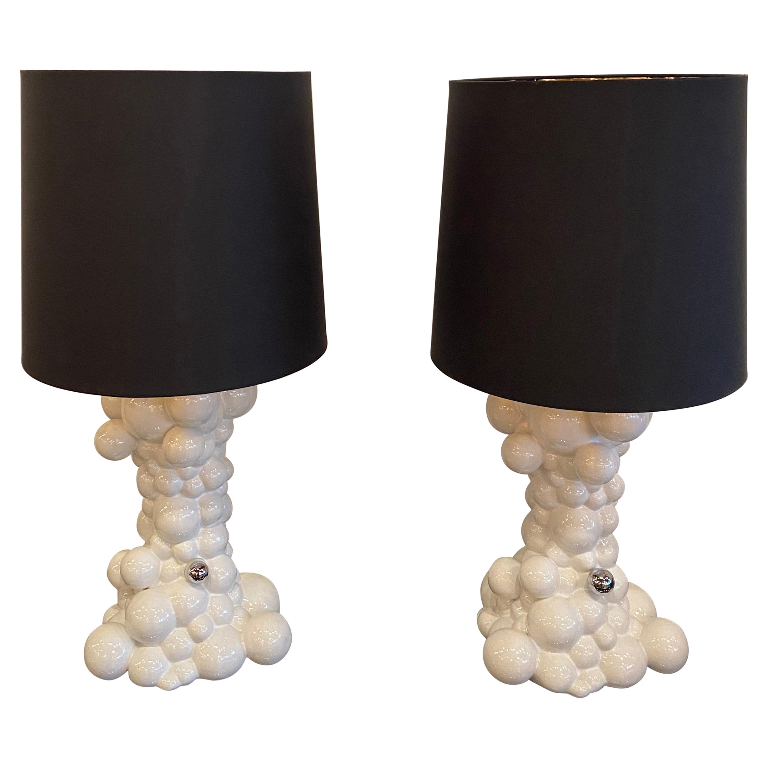 Pair of Vintage Ceramic White Modern Italian Bubble Ball Table Lamps For Sale