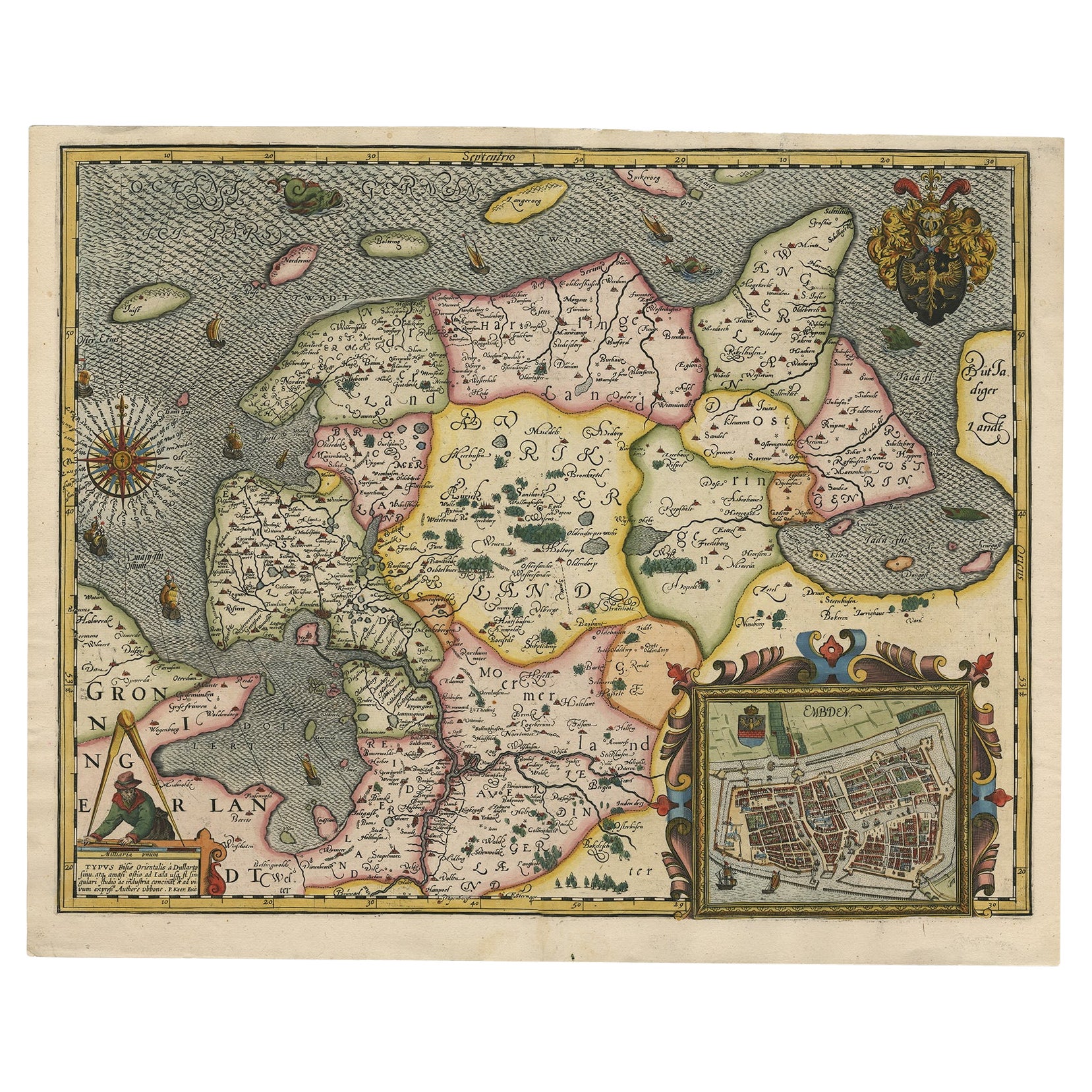 Superbe carte décorative ancienne de la Frésie orientale avec un encadrement d'Emden, vers 1610