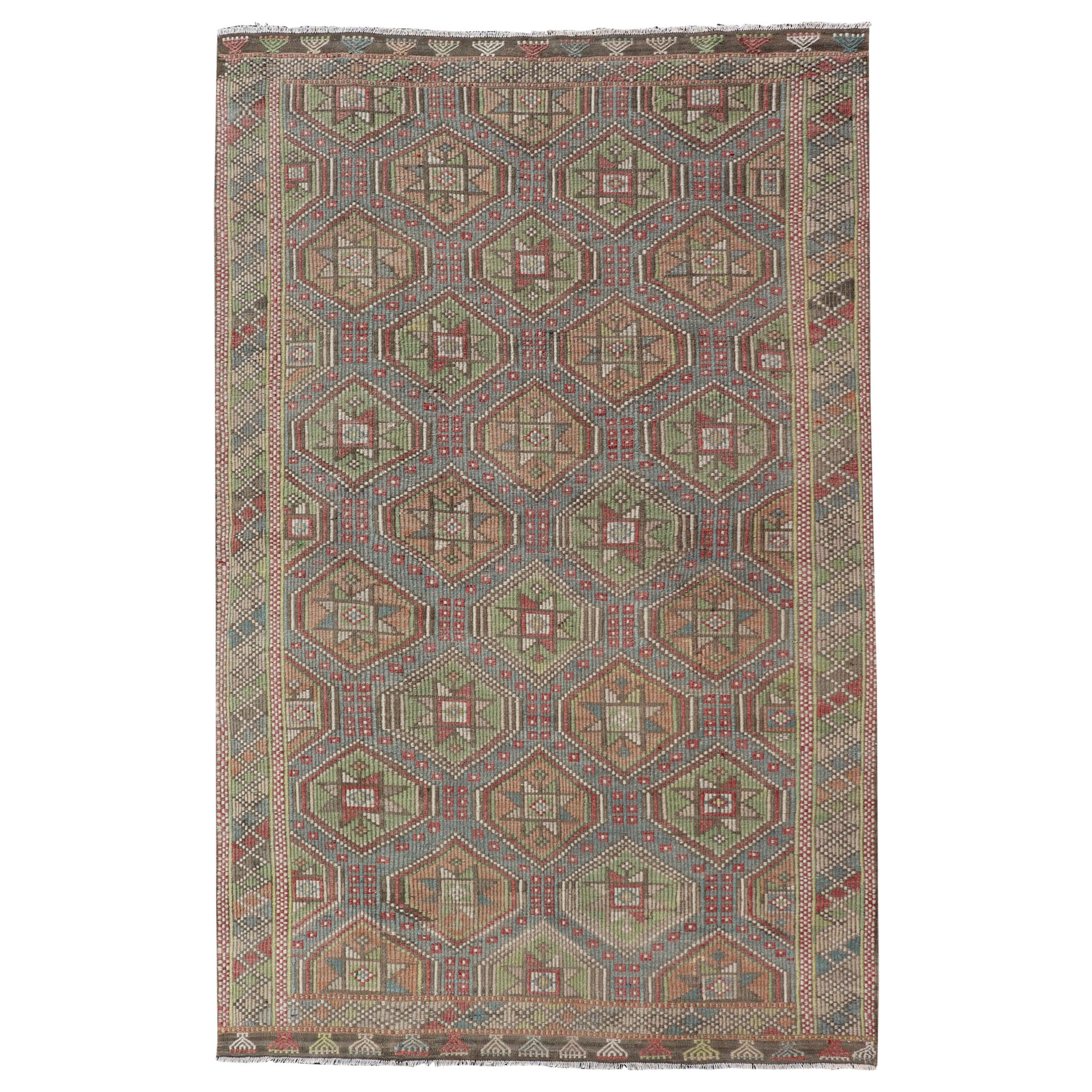 Colorful Vintage Turkish Flat-Weave Tribal Motif Kilim with Embroideries For Sale