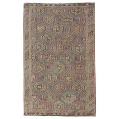 Colorful Vintage Turkish Flat-Weave Tribal Motif Kilim with Embroideries