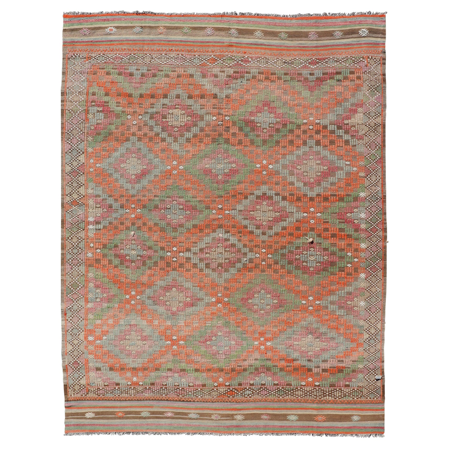 Colorful Vintage Turkish Embroidered Flat-Weave in Diamond Design in Orange