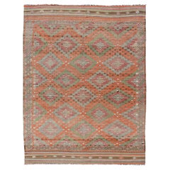 Colorful Vintage Turkish Embroidered Flat-Weave in Diamond Design in Orange