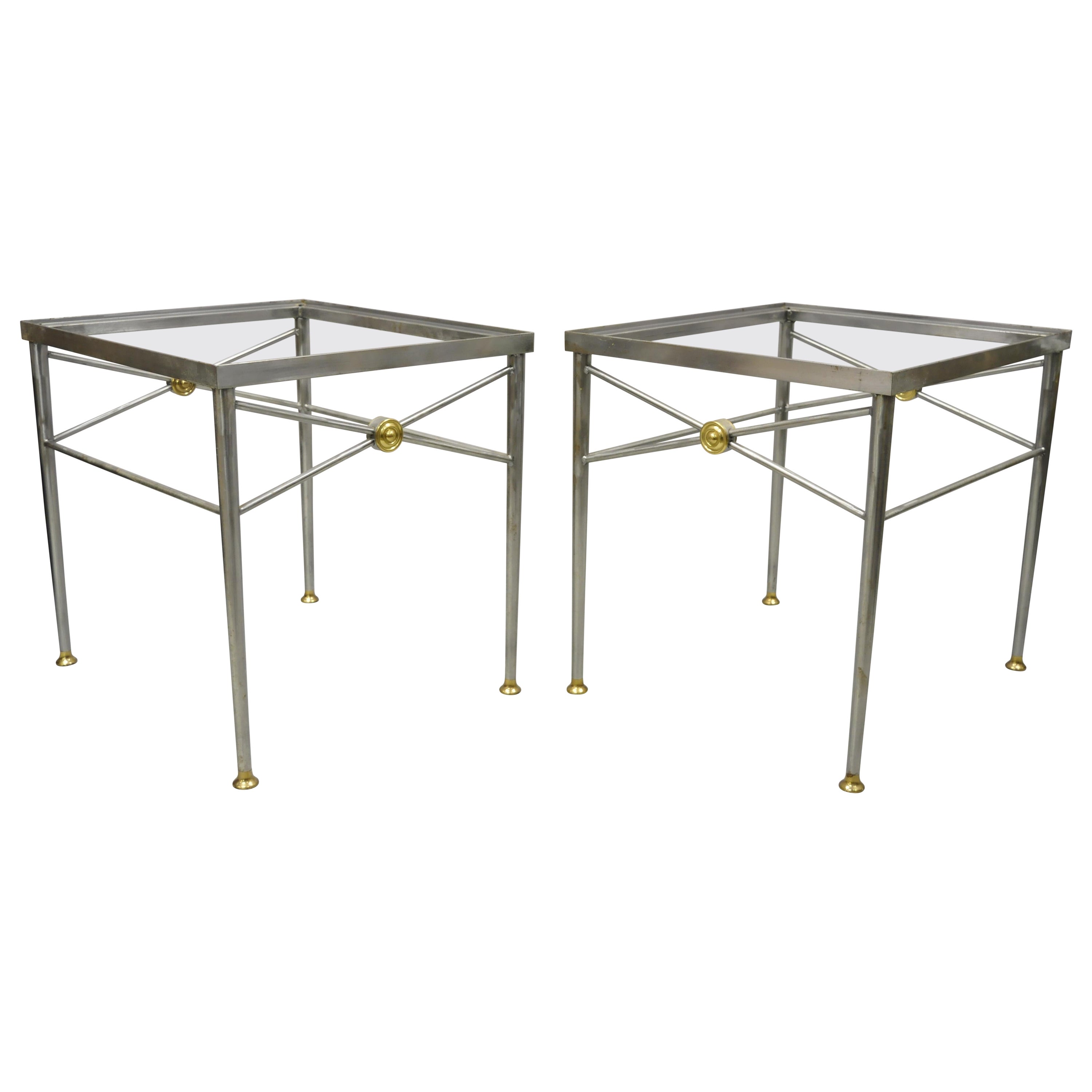 Italian Directoire Maison Jansen Style Brushed Steel & Brass End Tables, a Pair