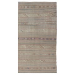 Vintage Flat-Weave Turkish Kilim with Embroideries in Earthy Tones and Hints of Pink