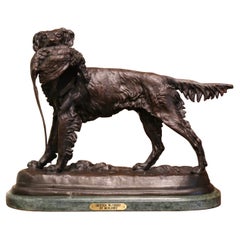 19th Century French Spelter Hunting Dog and Bird on Marble Base Signed Moigniez