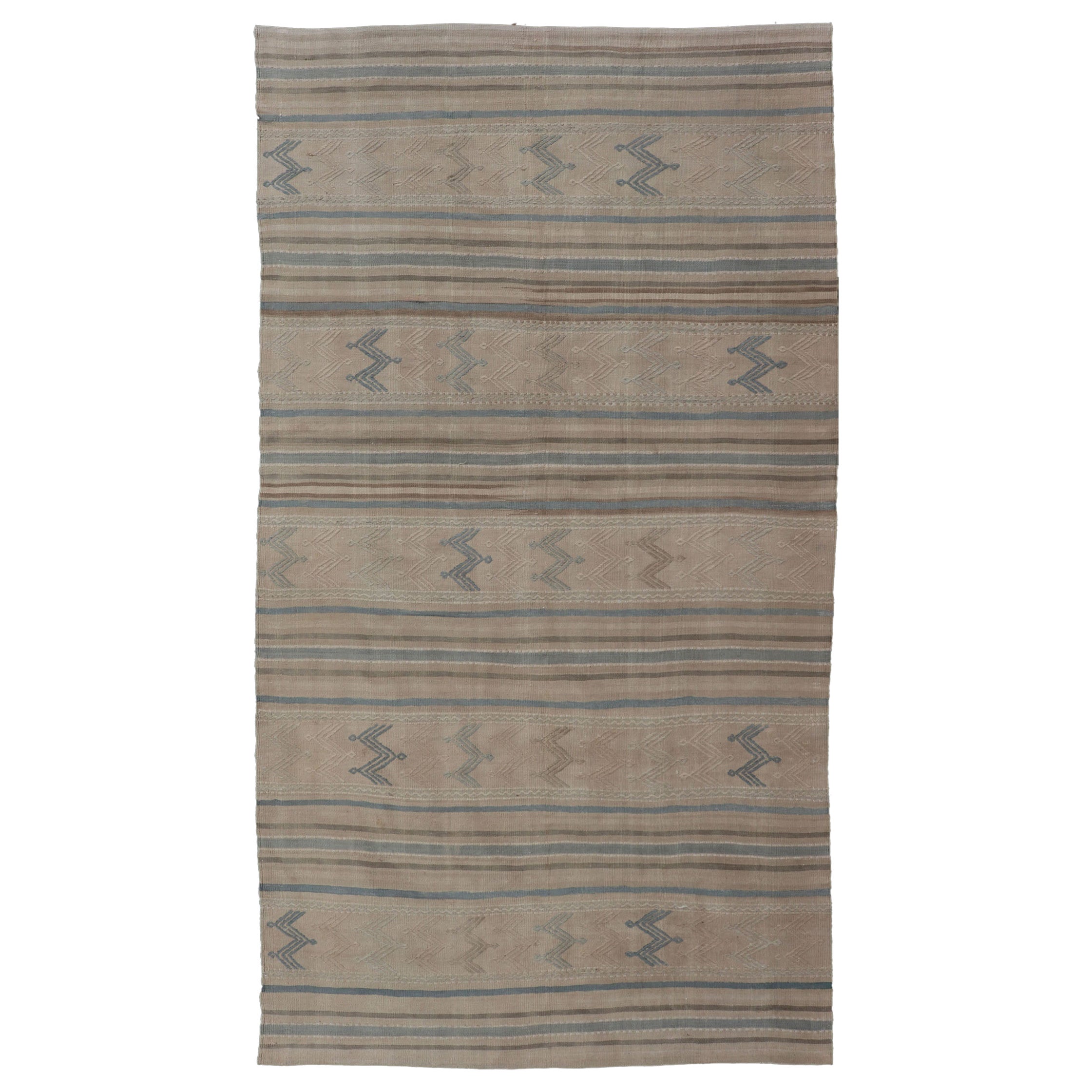 Turkish Vintage Kilim With Embroidered Motifs in Light Tan, Blue L. Brown For Sale