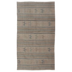 Turkish Vintage Kilim With Embroidered Motifs in Light Tan, Blue L. Brown