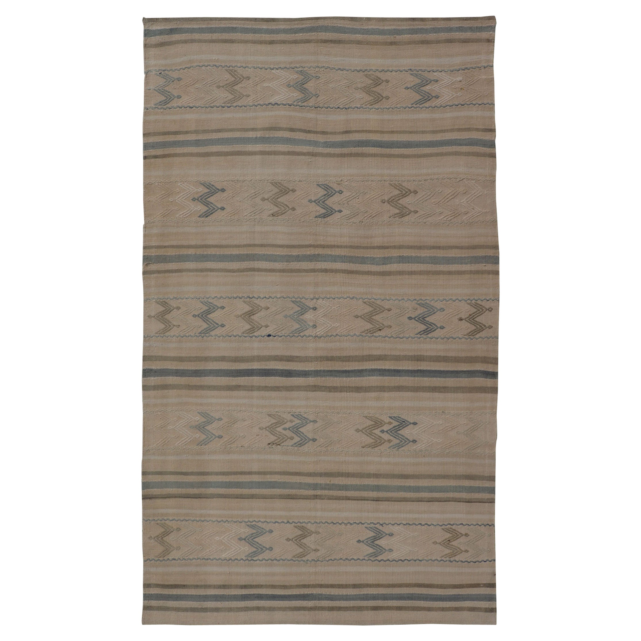 Vintage Turkish Flat-Weave with Embroideries in Earth Tones and Blue