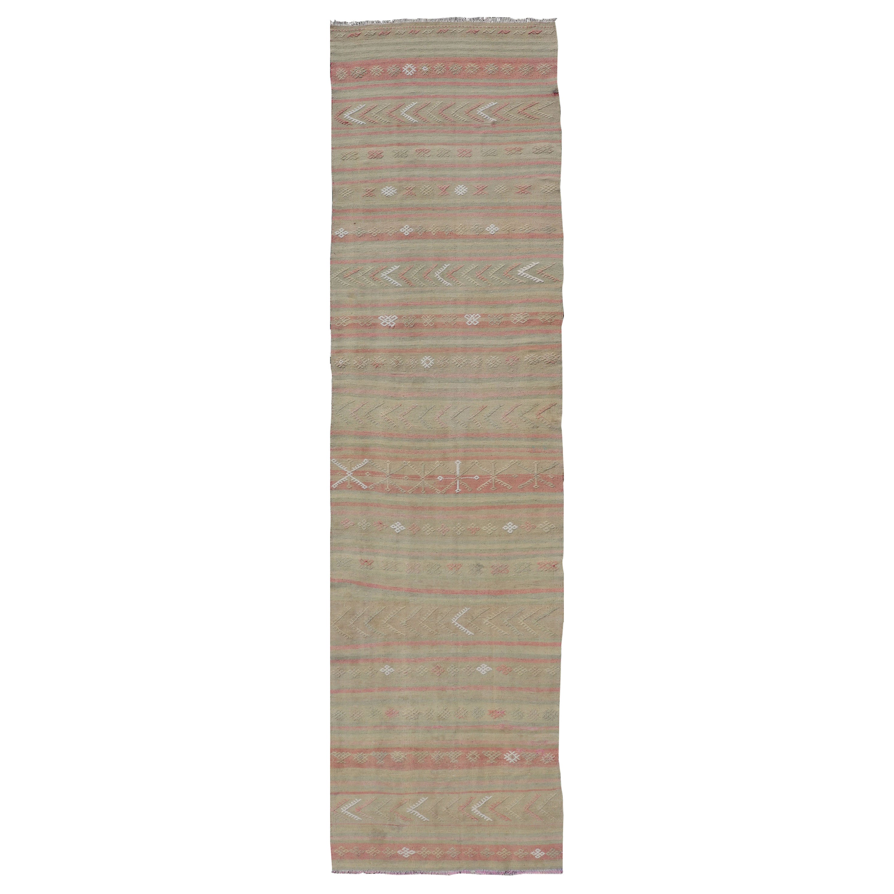 Vintage Striped Turkish Kilim Runner with Stripes in Tan, Ivory, & Light Coral For Sale