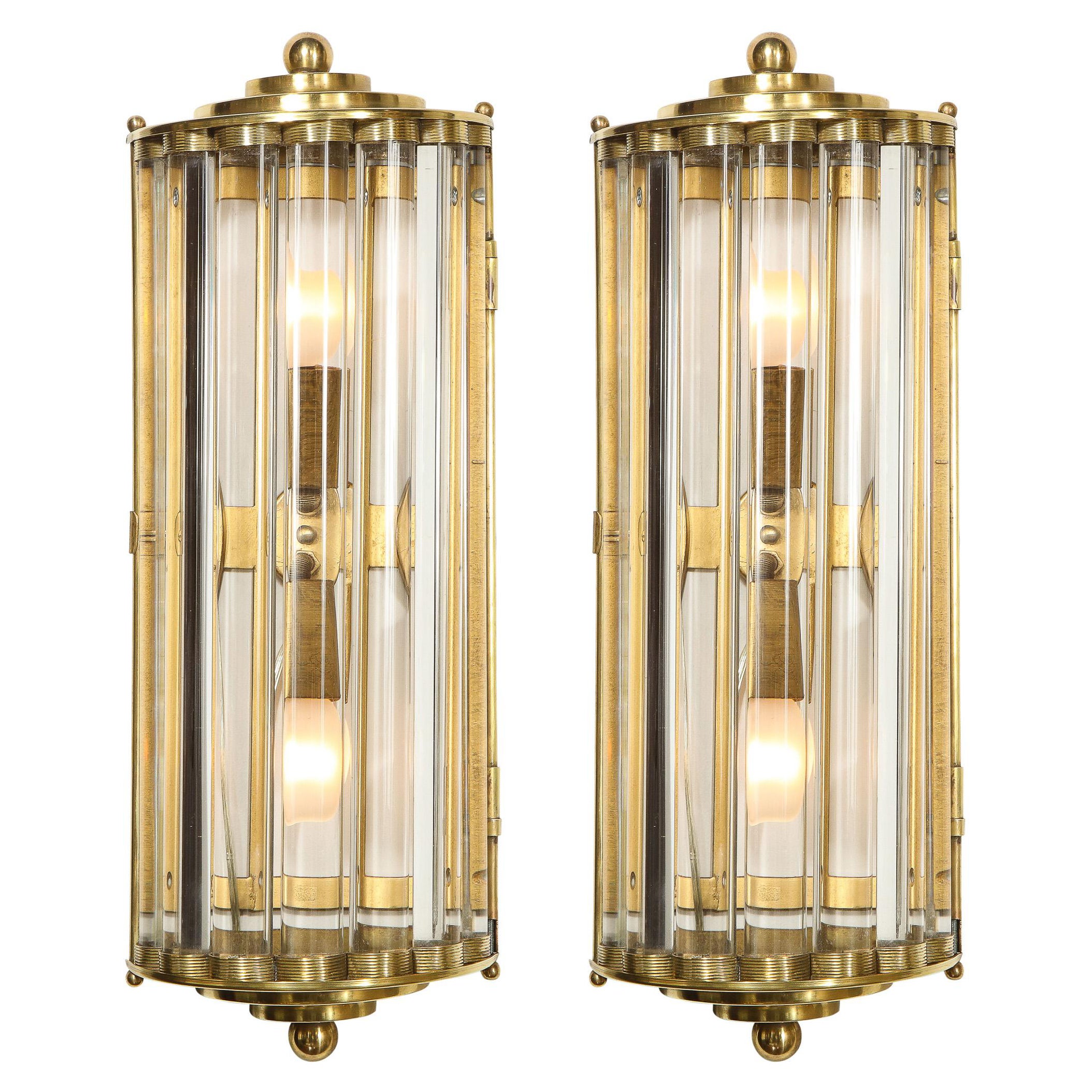 Pair of Art Deco Handblown Murano Glass Rod and Brass Sconces Signed by Venini 