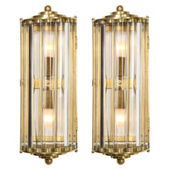 Pair of Art Deco Handblown Murano Glass Rod and Brass Sconces Signed by Venini 